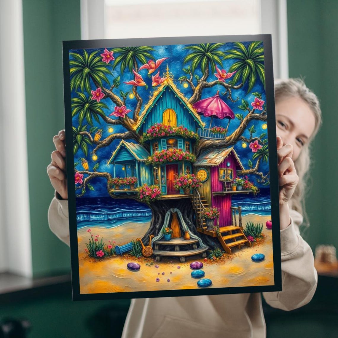 Magical Beach Treehouse Night Palms Tropical Fantasy Scene Wall Poster