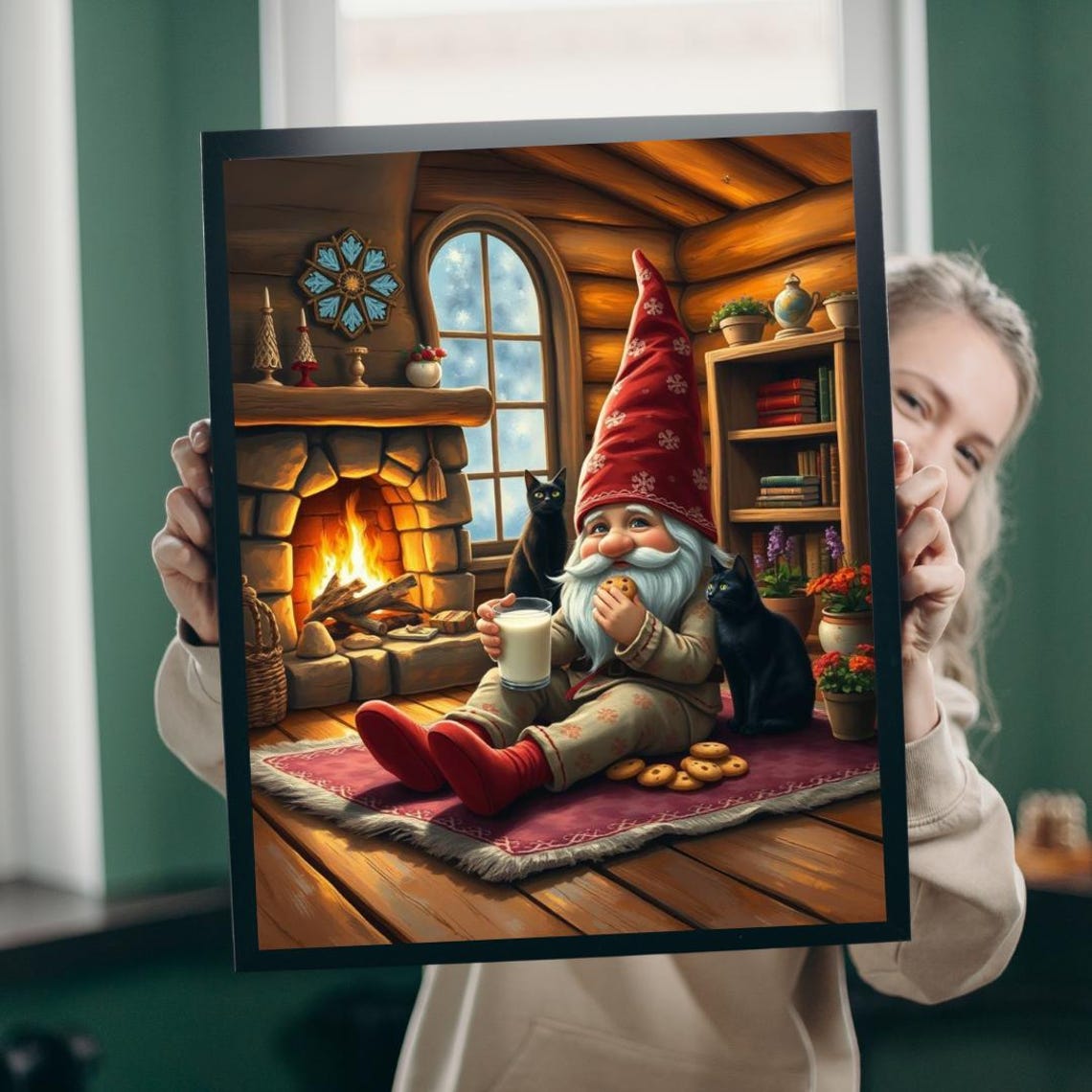 Cozy Gnome In Pajamas With Milk Cookies And Cats By Fireplace Poster