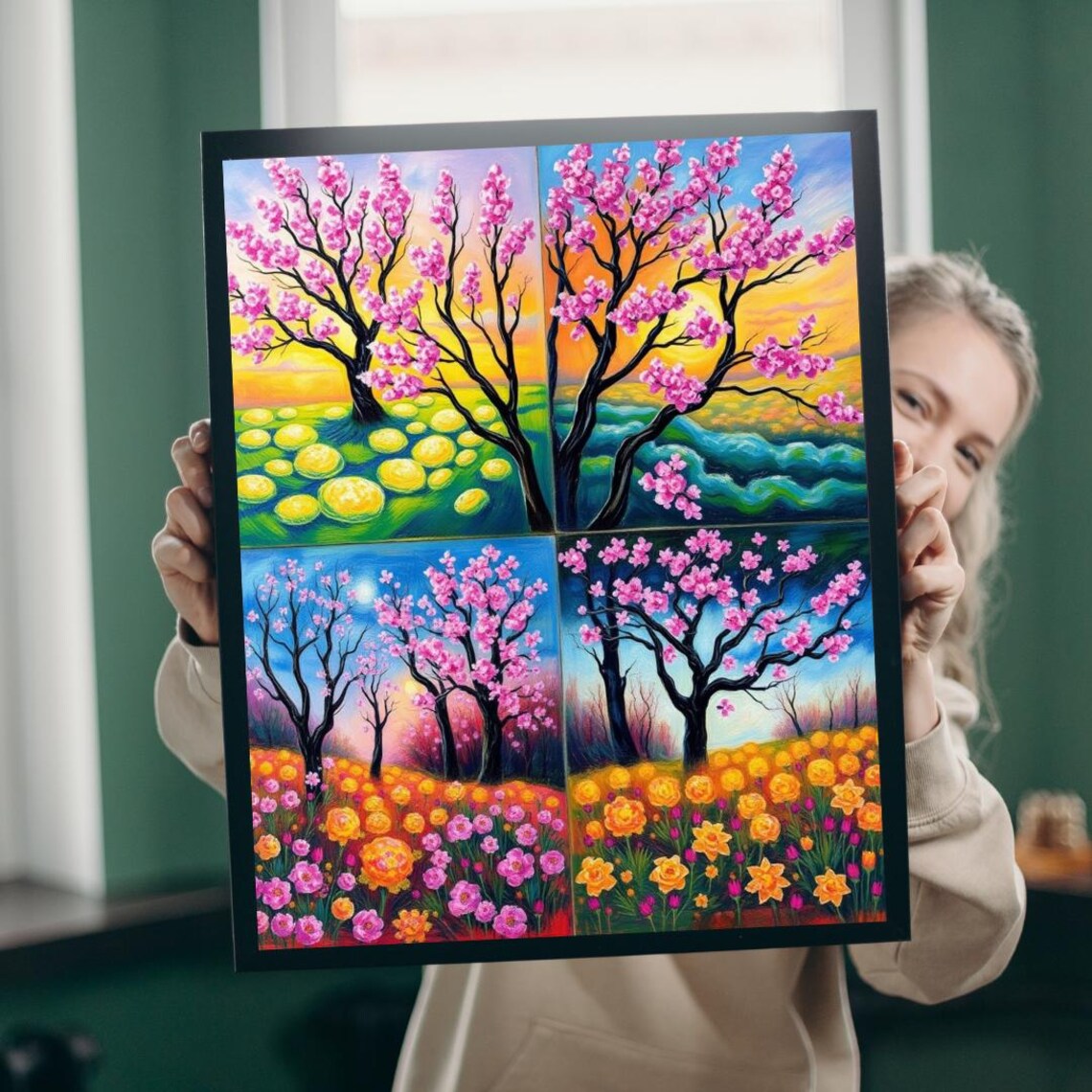 Spring Blossom Four Panel Poster Cherry Trees Pink Flowers Vibrant Garden