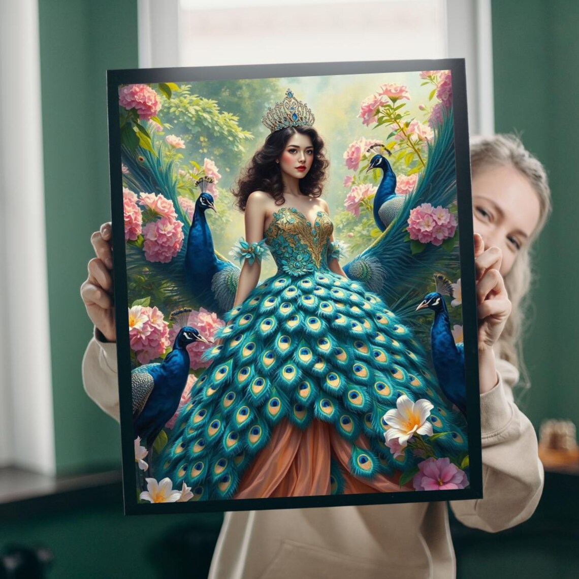 Regal Peacock Queen In Feather Gown Tiara Floral Garden Poster