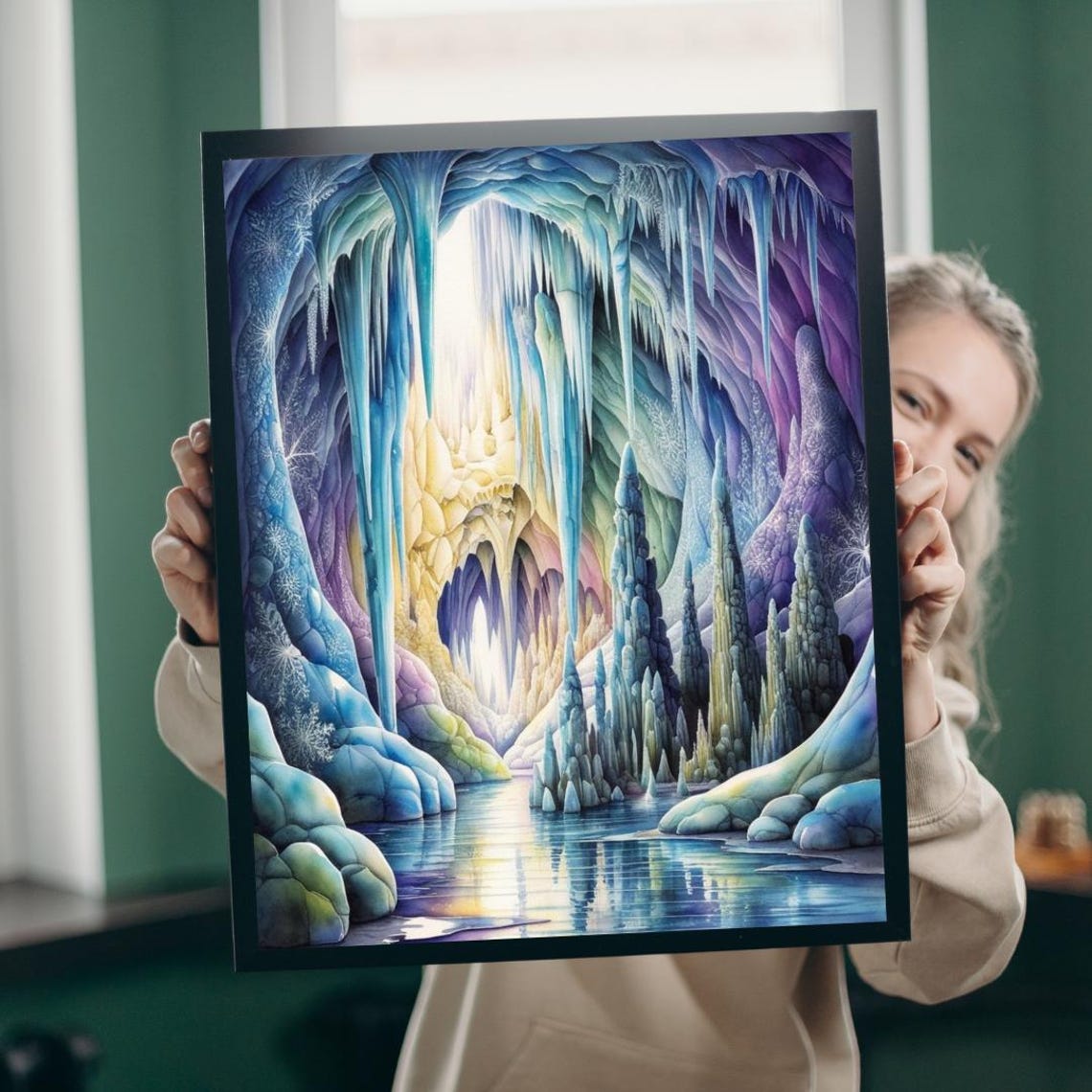 Rainbow Ice Cave Crystal Stalactites Glowing Fantasy Magic Poster