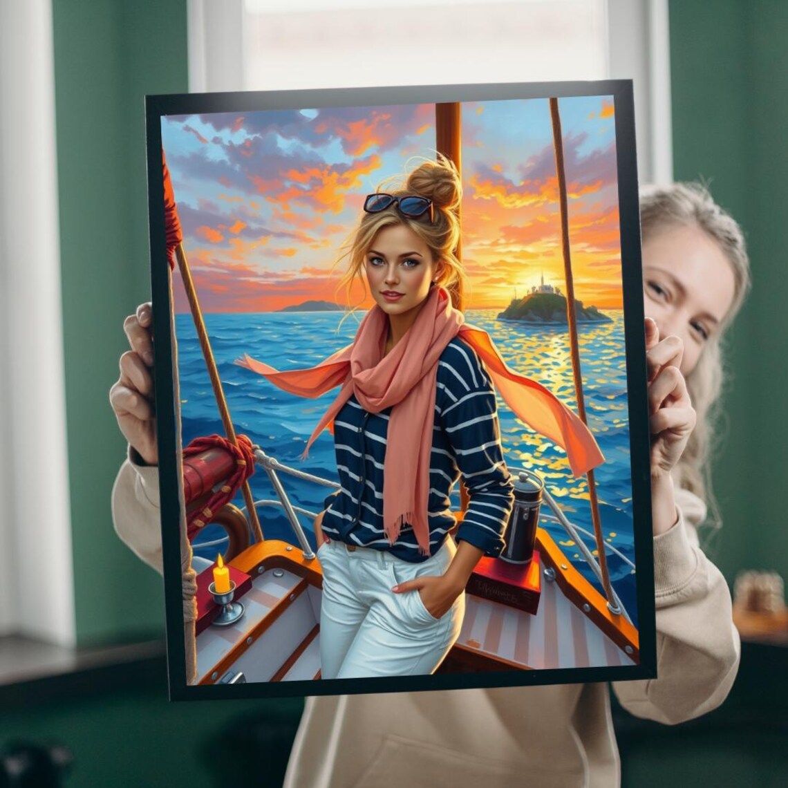 Woman on Sailboat Bow Sunset Sea Sailor Style Fashion Art Poster