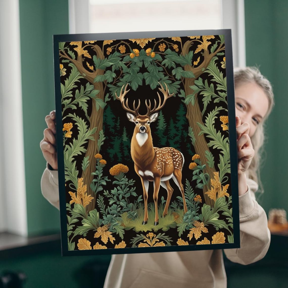 Stag Deer Dark Woodland Floral Vintage Botanical Forest Animal Art Poster
