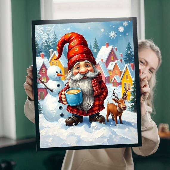 Winter Gnome Snowy Village Snowman Reindeer Christmas Art Poster