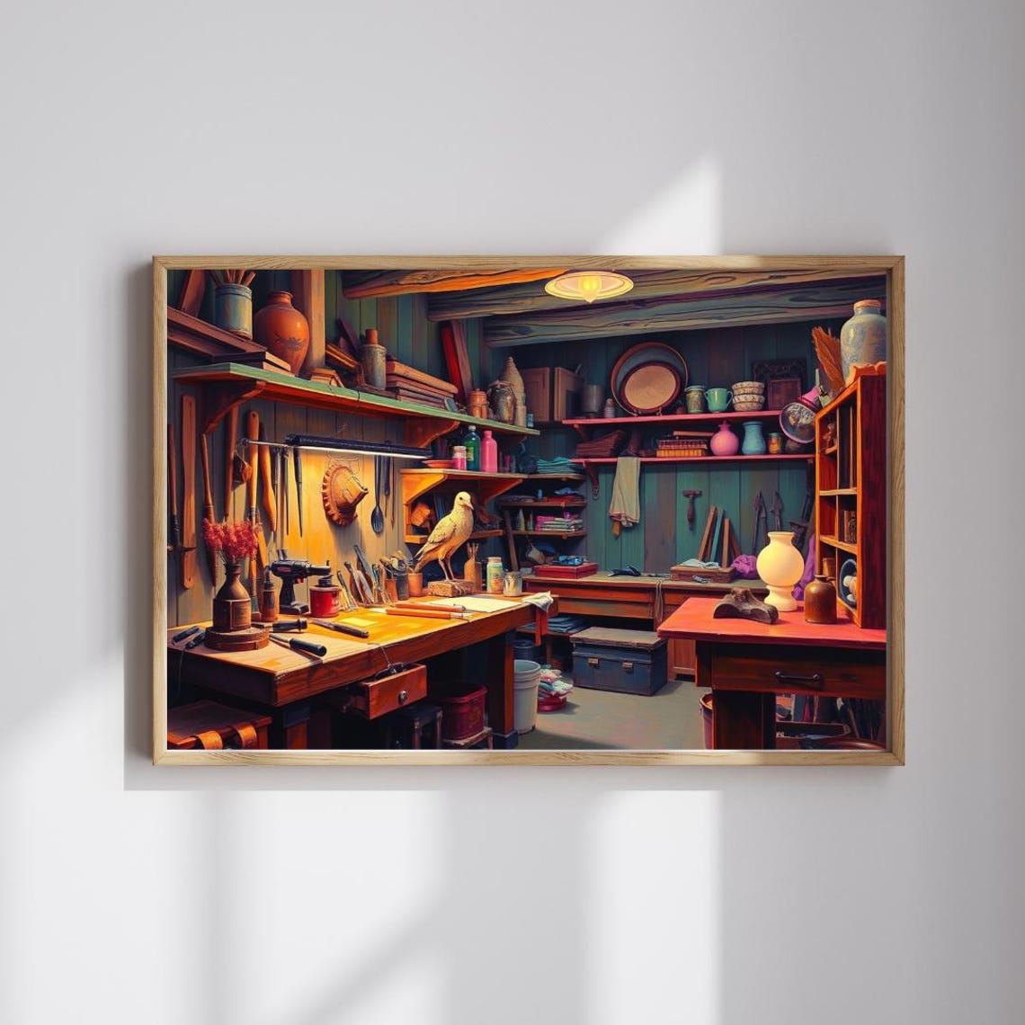 Cozy Woodworking Workshop With Craftsman Tools Warm Scene Poster
