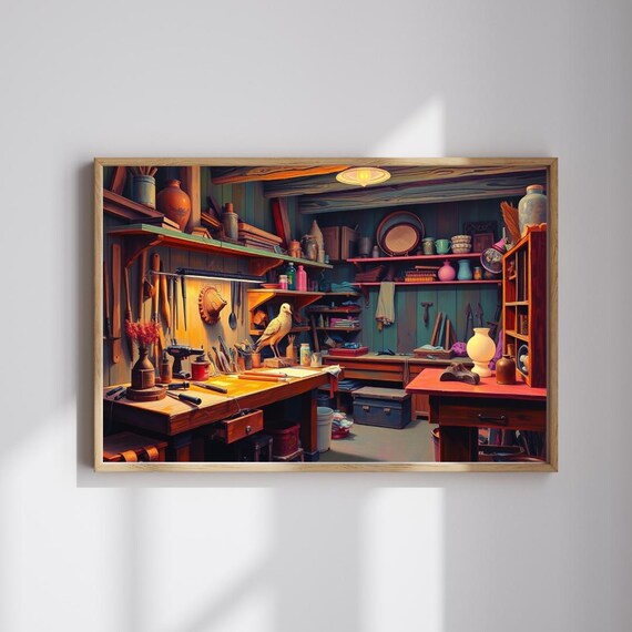 Cozy Woodworking Workshop With Craftsman Tools Warm Scene Poster