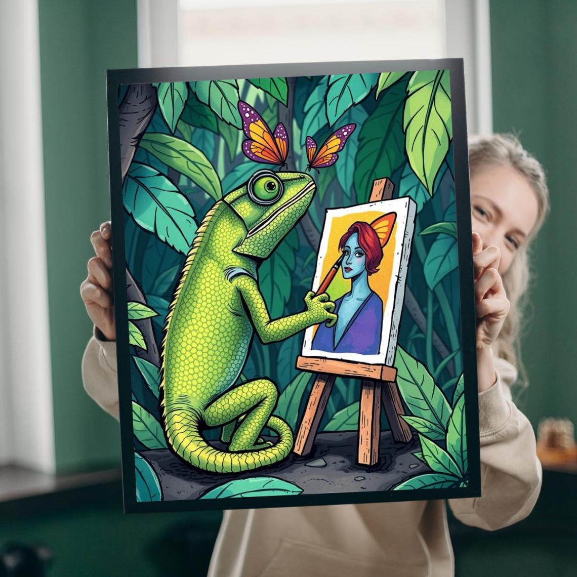 Chameleon Artist Painting Portrait Easel Jungle Butterfly Poster