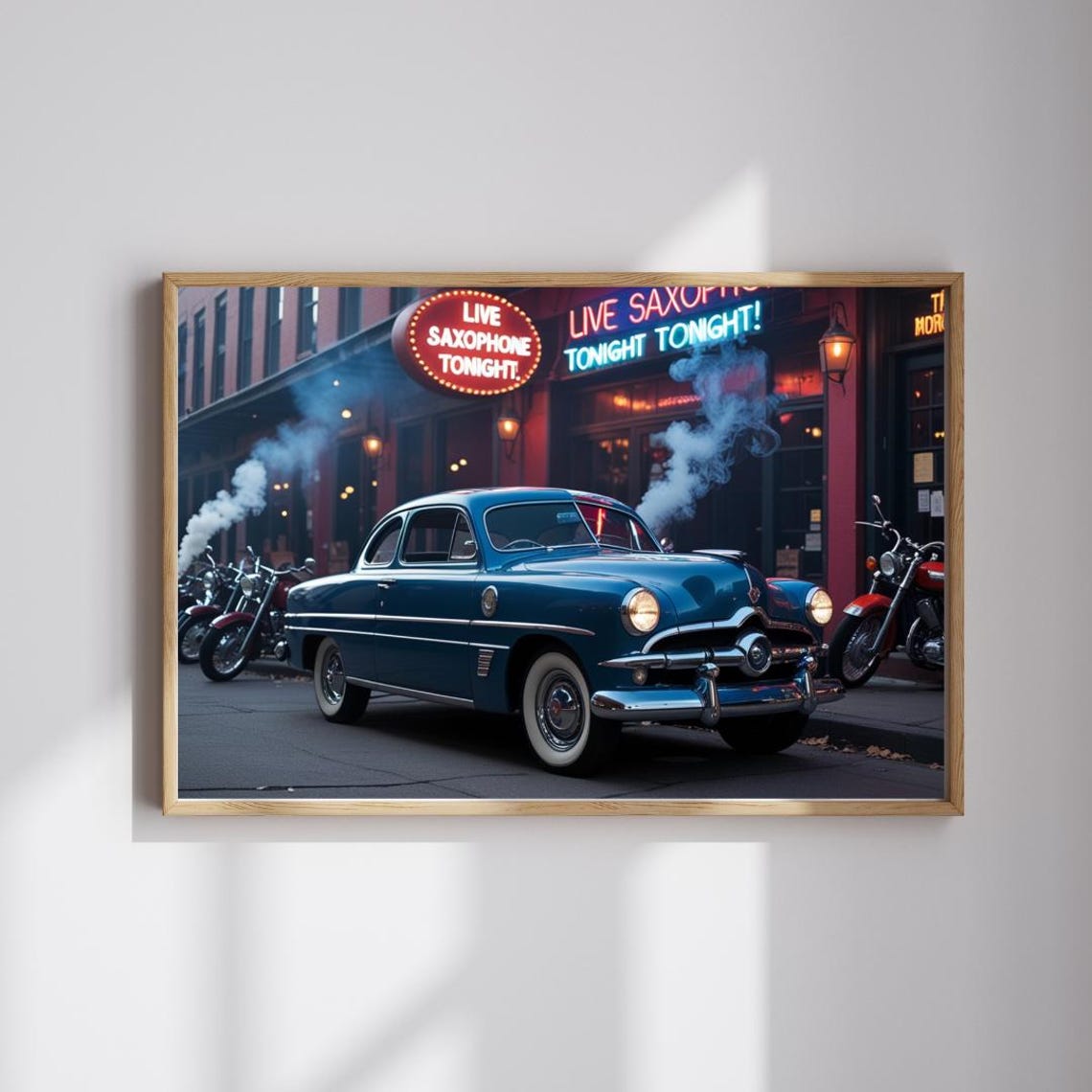 Blue 1949 Coupe Under Live Saxophone Tonight Neon Signs Poster