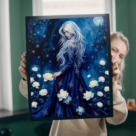 Moonlit White Rose Lady in Blue Gown Night Garden Fantasy Art Poster