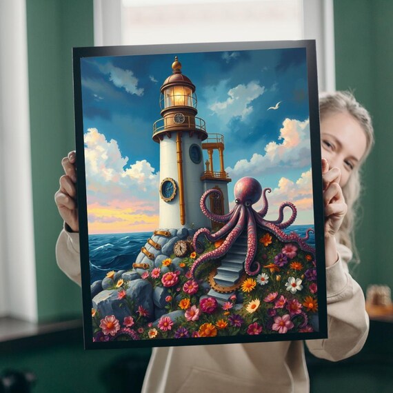 Steampunk Lighthouse With Giant Octopus Whimsical Fantasy Art Poster