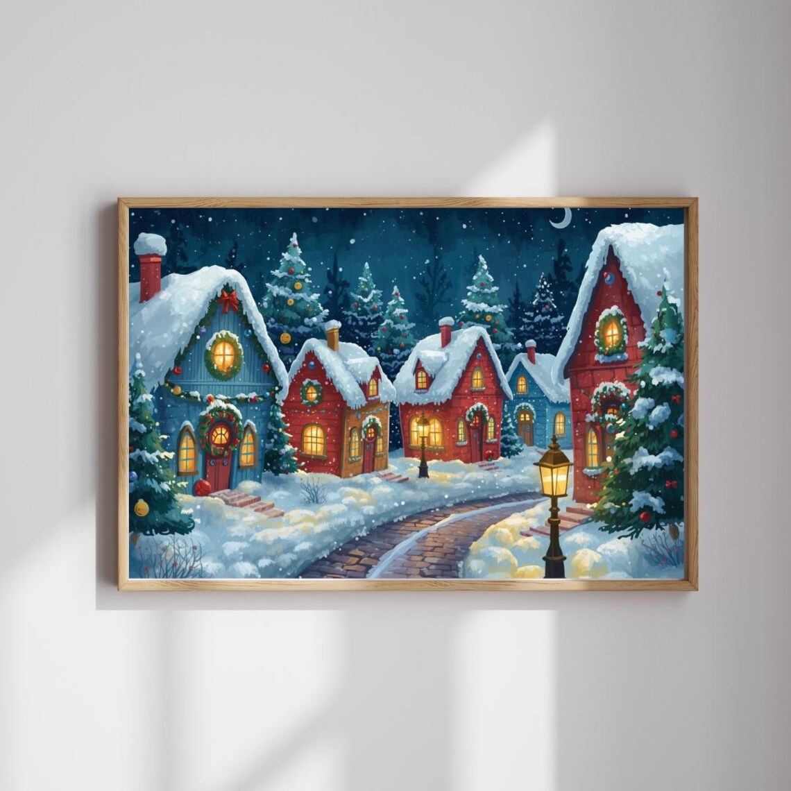 Snowy Christmas Village Night Glowing Cottages Snow Pines Winter Poster