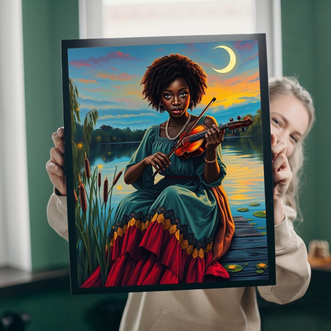 Twilight Violinist African Woman Moonlit Lake Portrait Poster