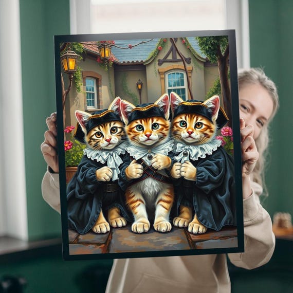 Three Tabby Kittens in Musketeer Costumes Cute Whimsical Cat Poster