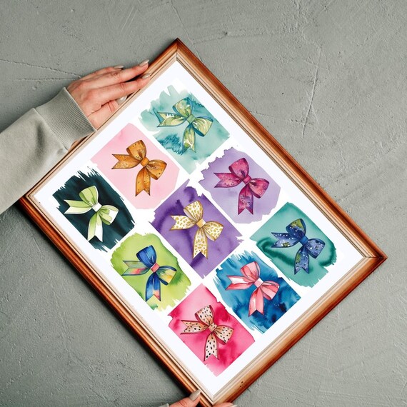 Coquette Ribbon Bows Watercolor Collage Nine Panel Art Poster