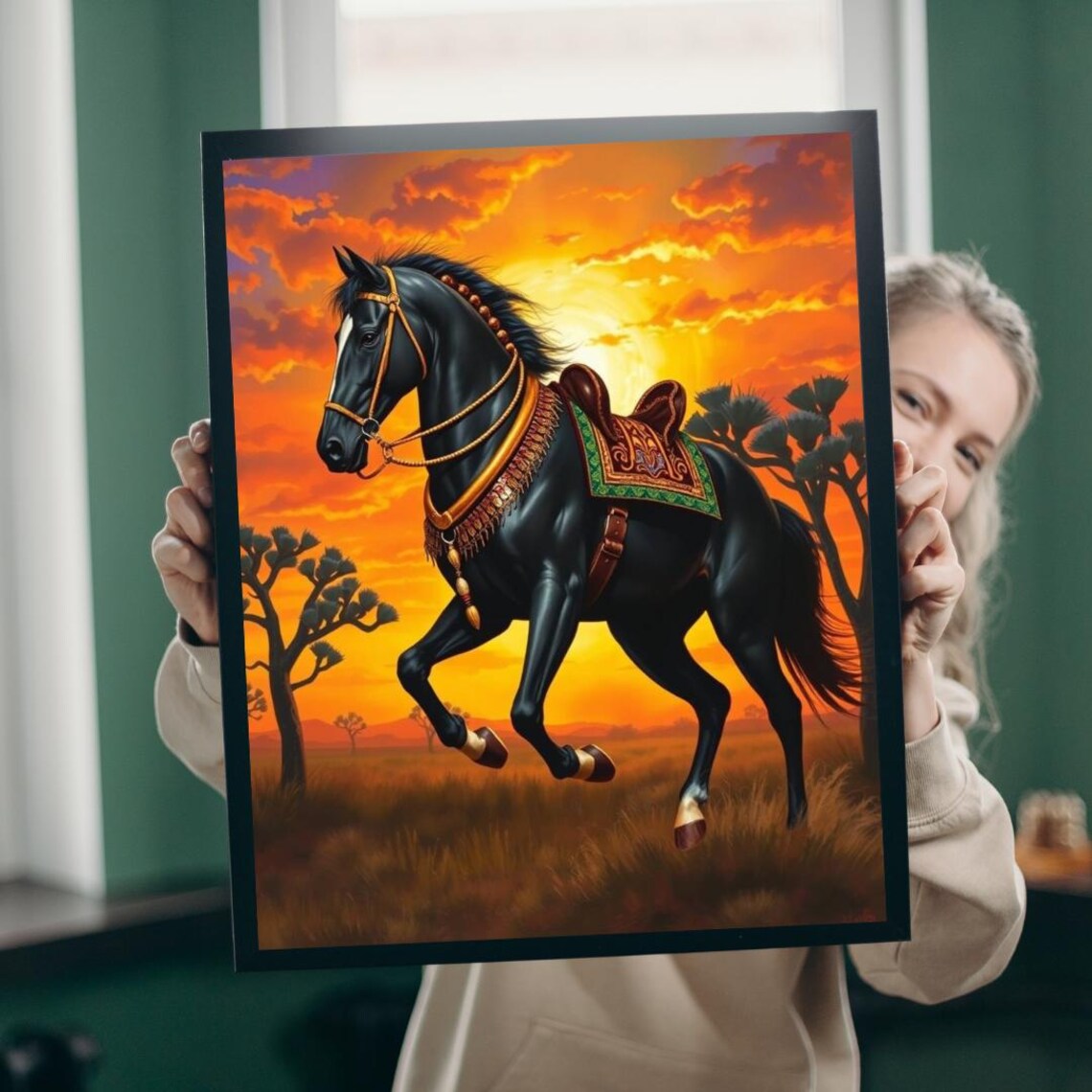 Black Stallion at Fiery Sunset with Ornate Tack Equestrian Poster