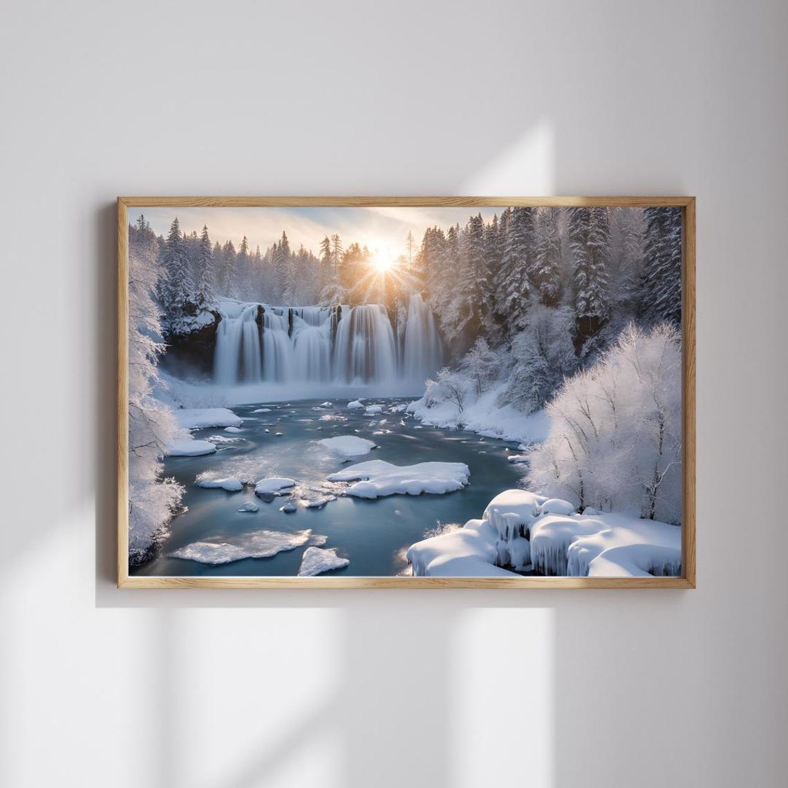 Frozen Winter Waterfall Sunrise Landscape Snowy Forest Art Poster
