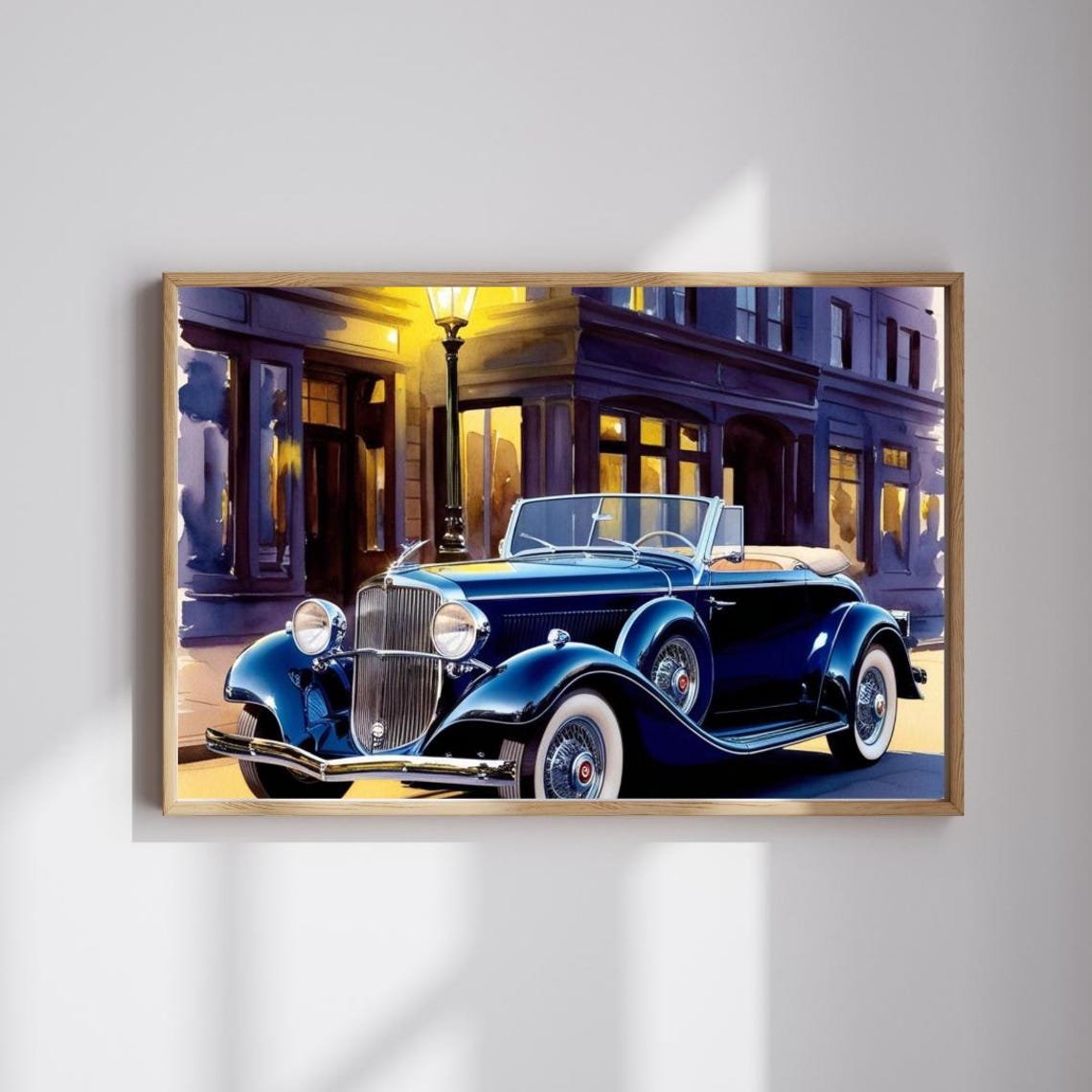 1930s Vintage Blue Convertible Night Street Classic Car Art Poster