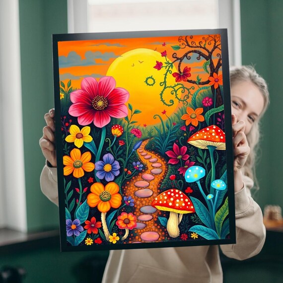 Whimsical Flower Path Mushroom Garden Sunset Kids Room Art Print