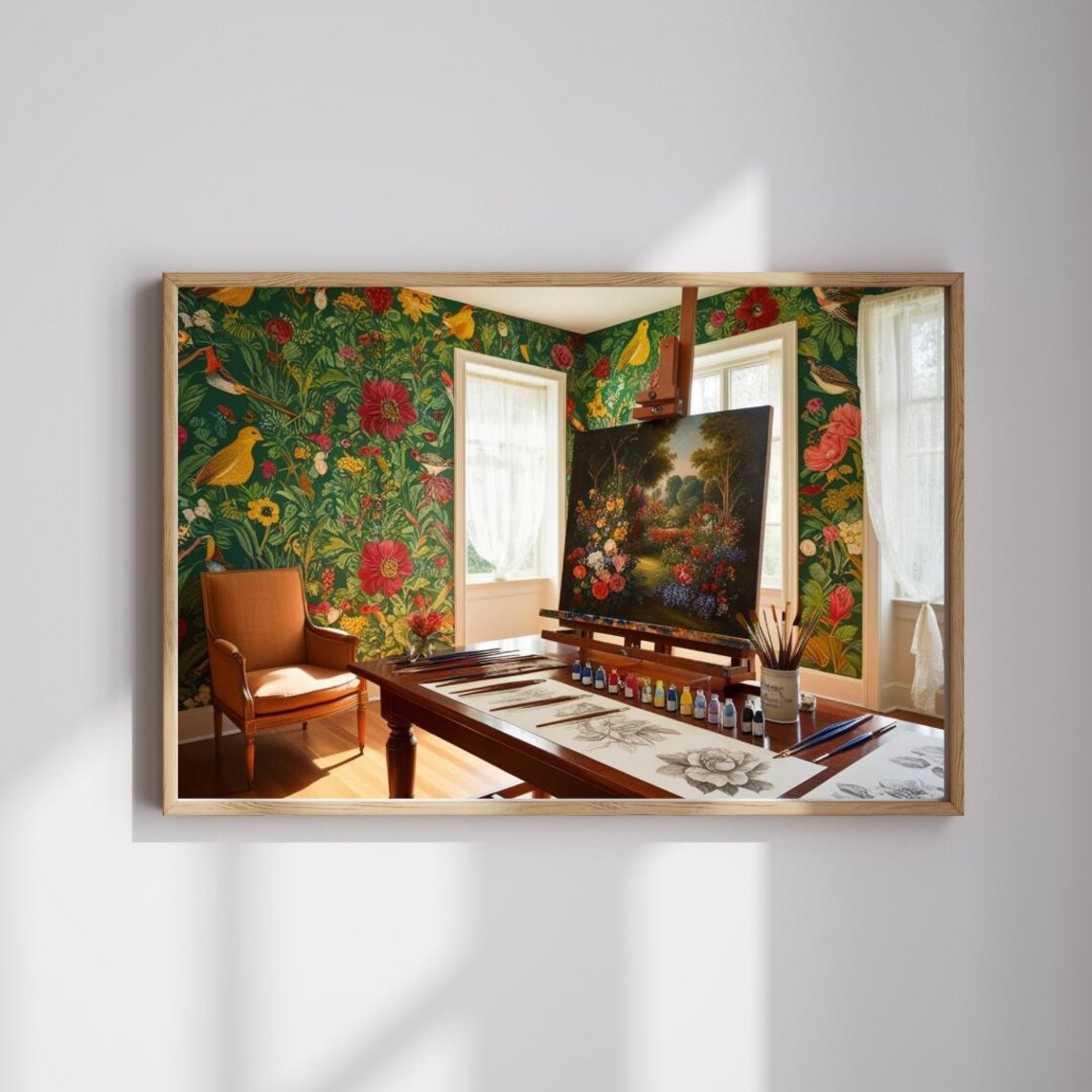 Charming Artist Studio Floral Wallpaper Easel and Paints Interior Poster