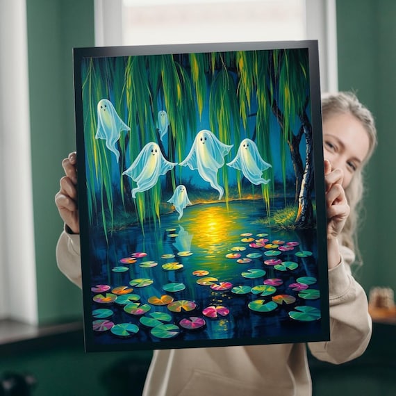 Cute Ghosts Floating Over a Lily Pond at Night Halloween Art Poster