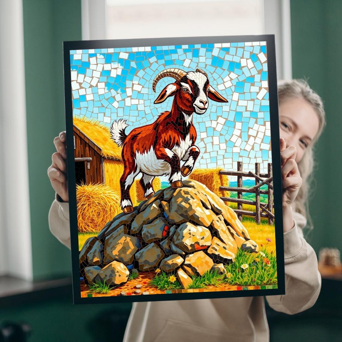 Playful Mosaic Goat Standing on Rocks Barnyard Scene Art Poster
