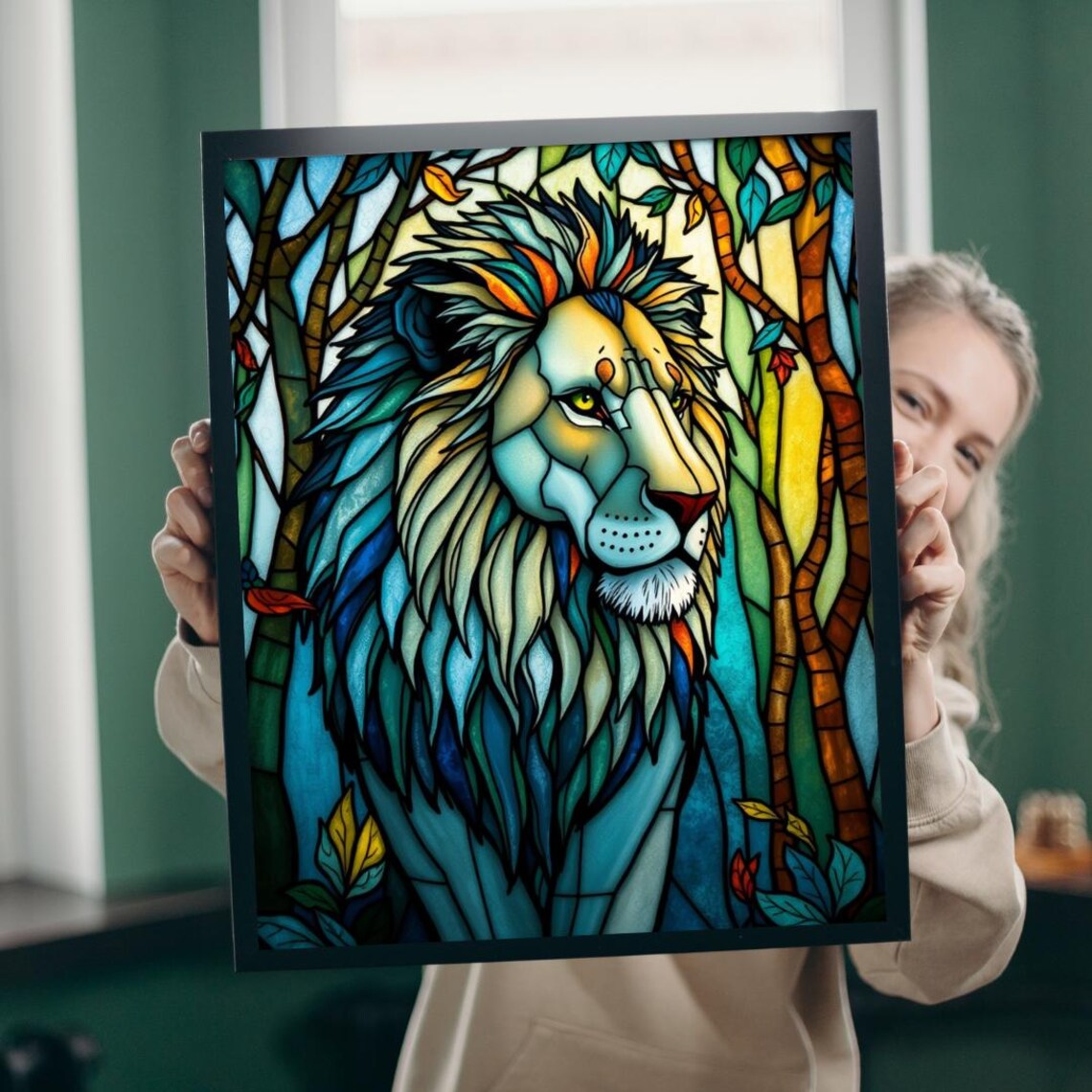 Lion Stained Glass Style Colorful Forest Portrait Art Poster