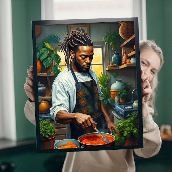 Home Chef Man Cooking Hearty Stew Cozy Kitchen Plants Art Print
