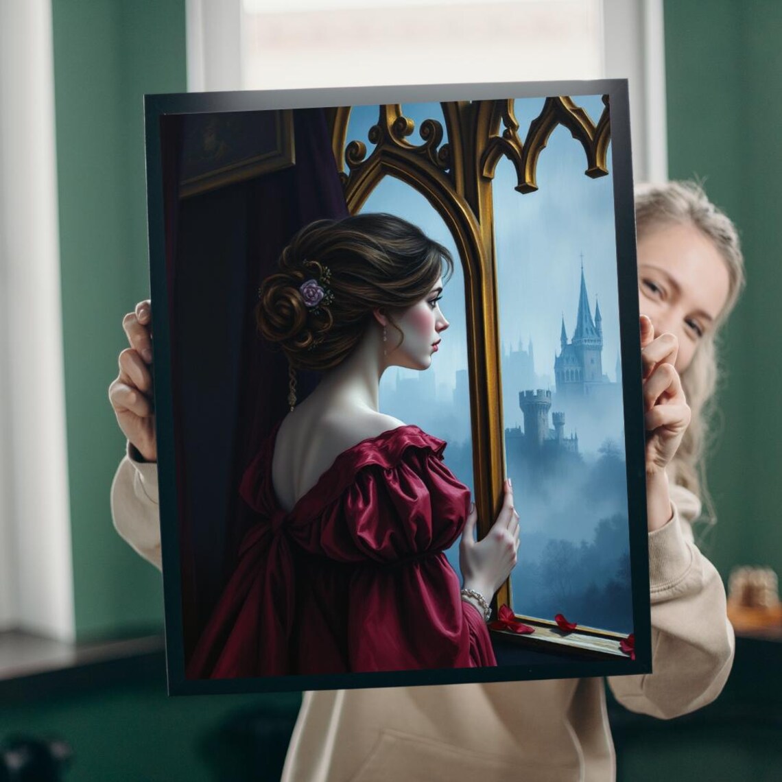 Gothic Woman in Red Gown Gazing at Misty Castle Window Art Poster