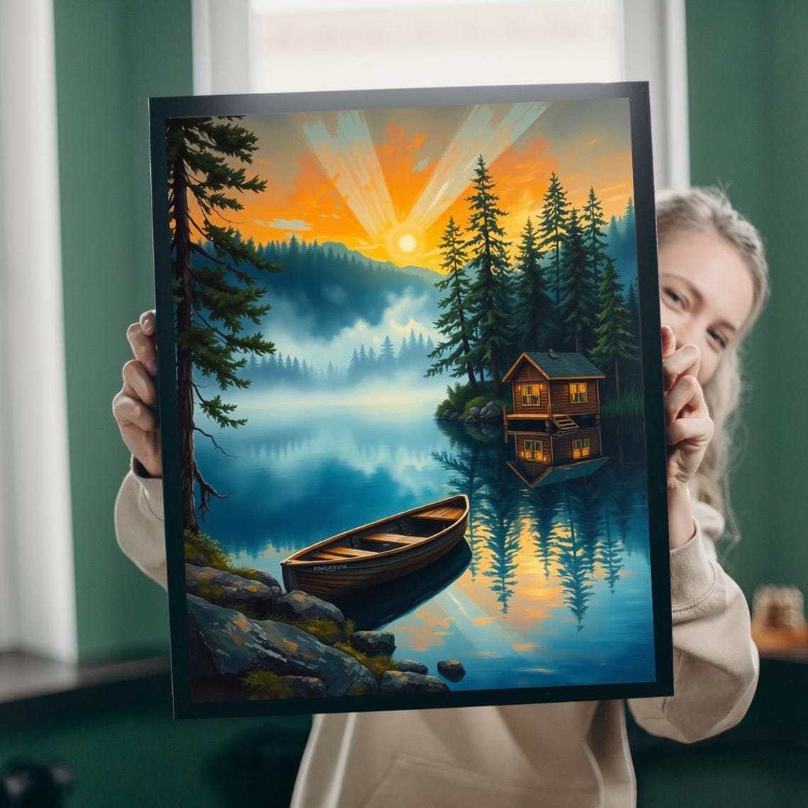 Lakeside Cabin Sunset Canoe Pine Forest Mirror Lake Art Poster