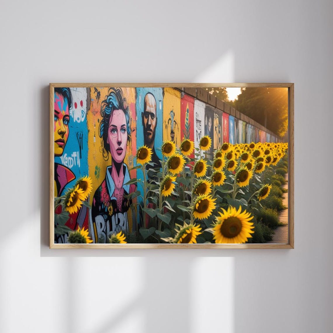 Colorful Street Mural Portraits Sunflower Field Sunset Art Poster