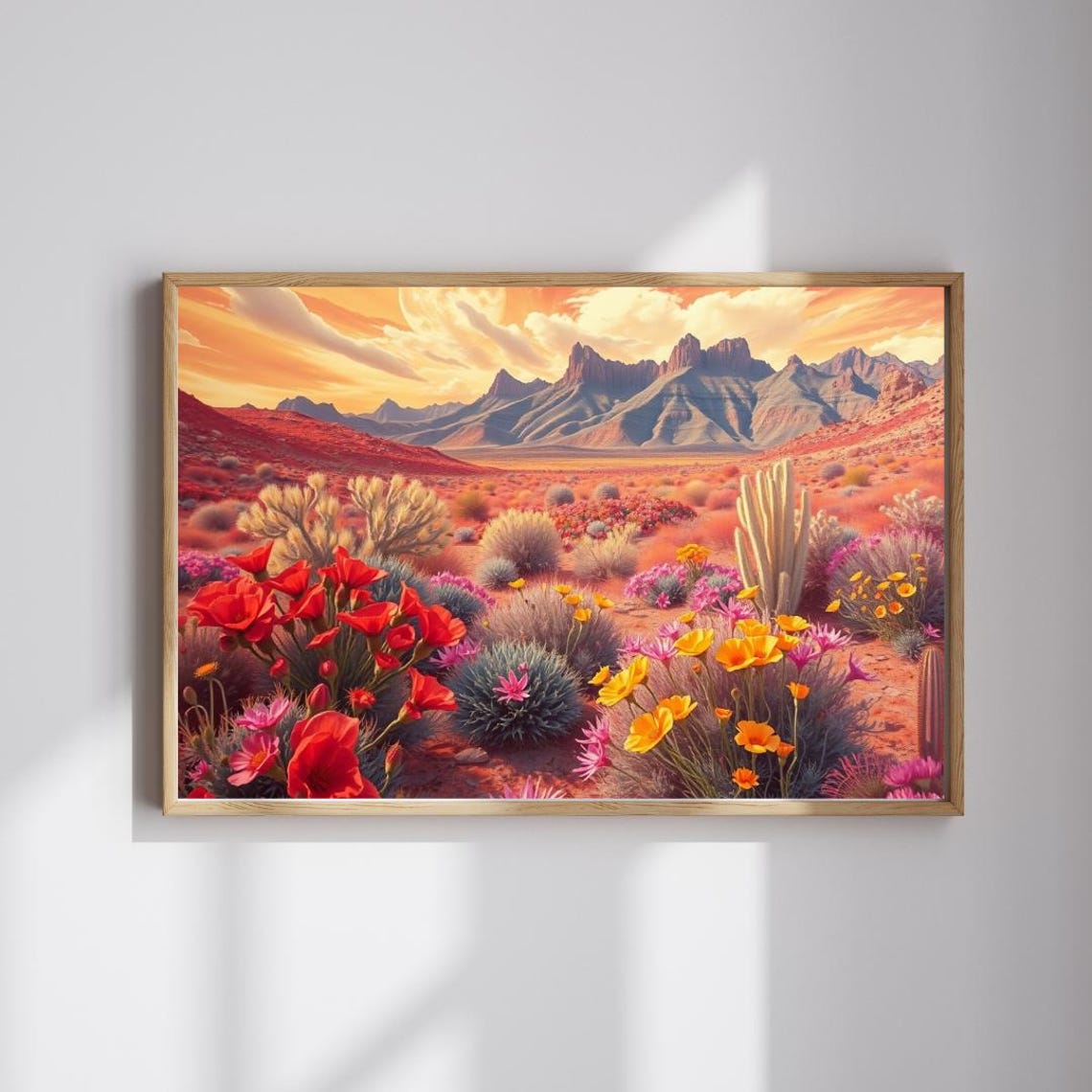 Desert Bloom Wildflowers Cactus Mountain Valley Sunset Art Poster
