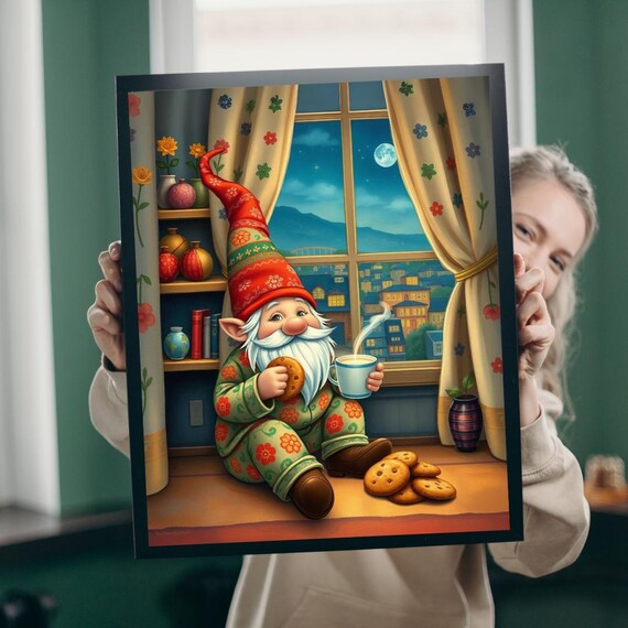 Gnome Midnight Snack With Coffee And Cookies By Moonlit Window Poster