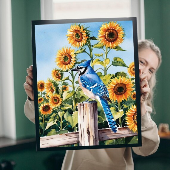 Blue Jay Perched On Fence Among Sunflowers Watercolor Bird Art Print