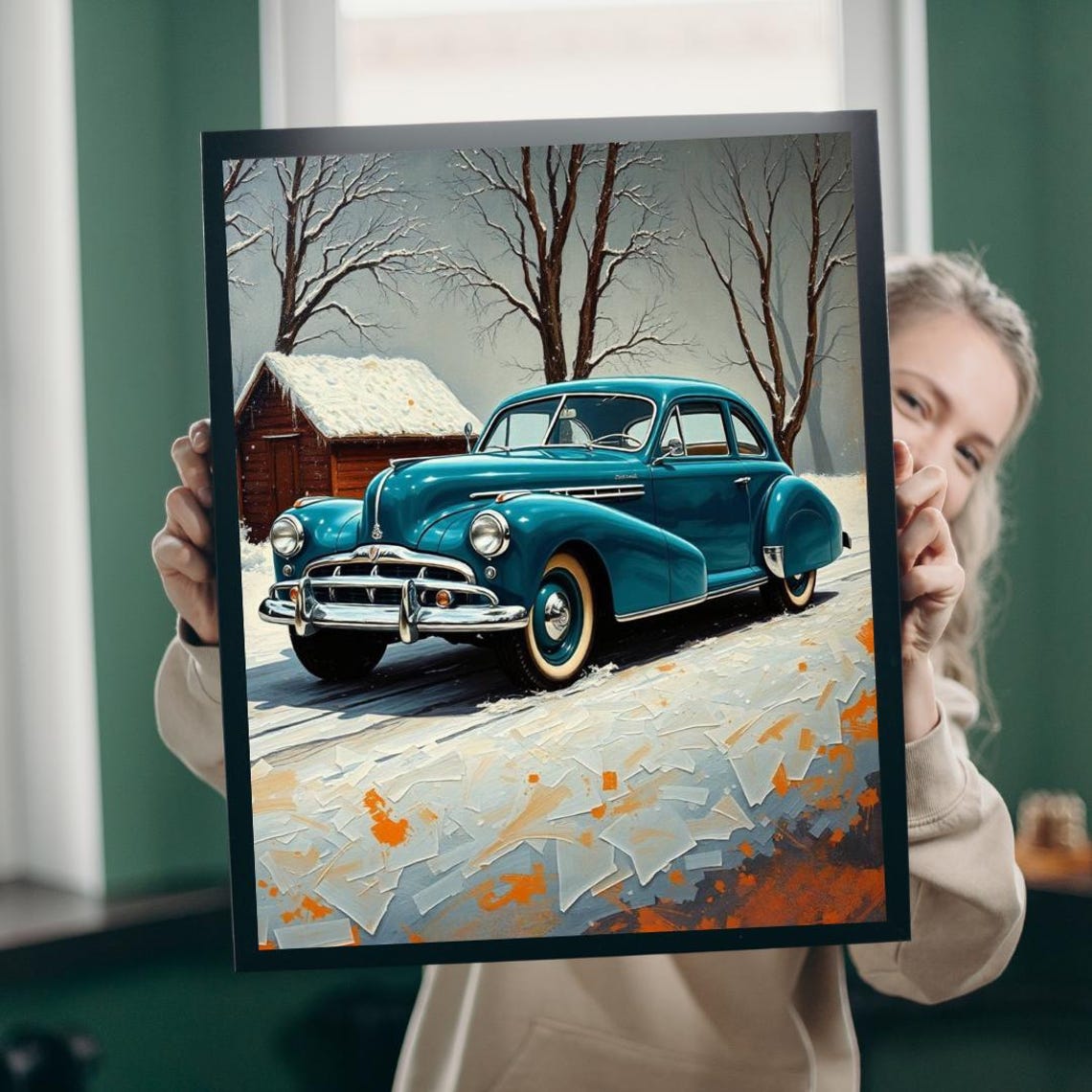 Vintage Teal Car Snowy Winter Barn Scene Classic Auto Art Poster