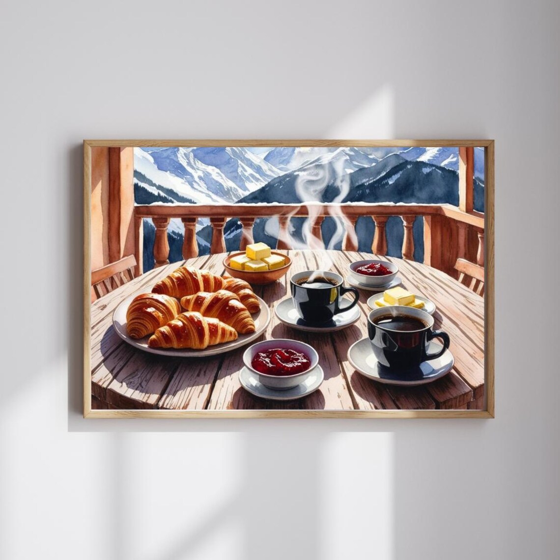 Mountain Balcony Breakfast Watercolor Coffee Croissant Cozy Kitchen Wall Poster