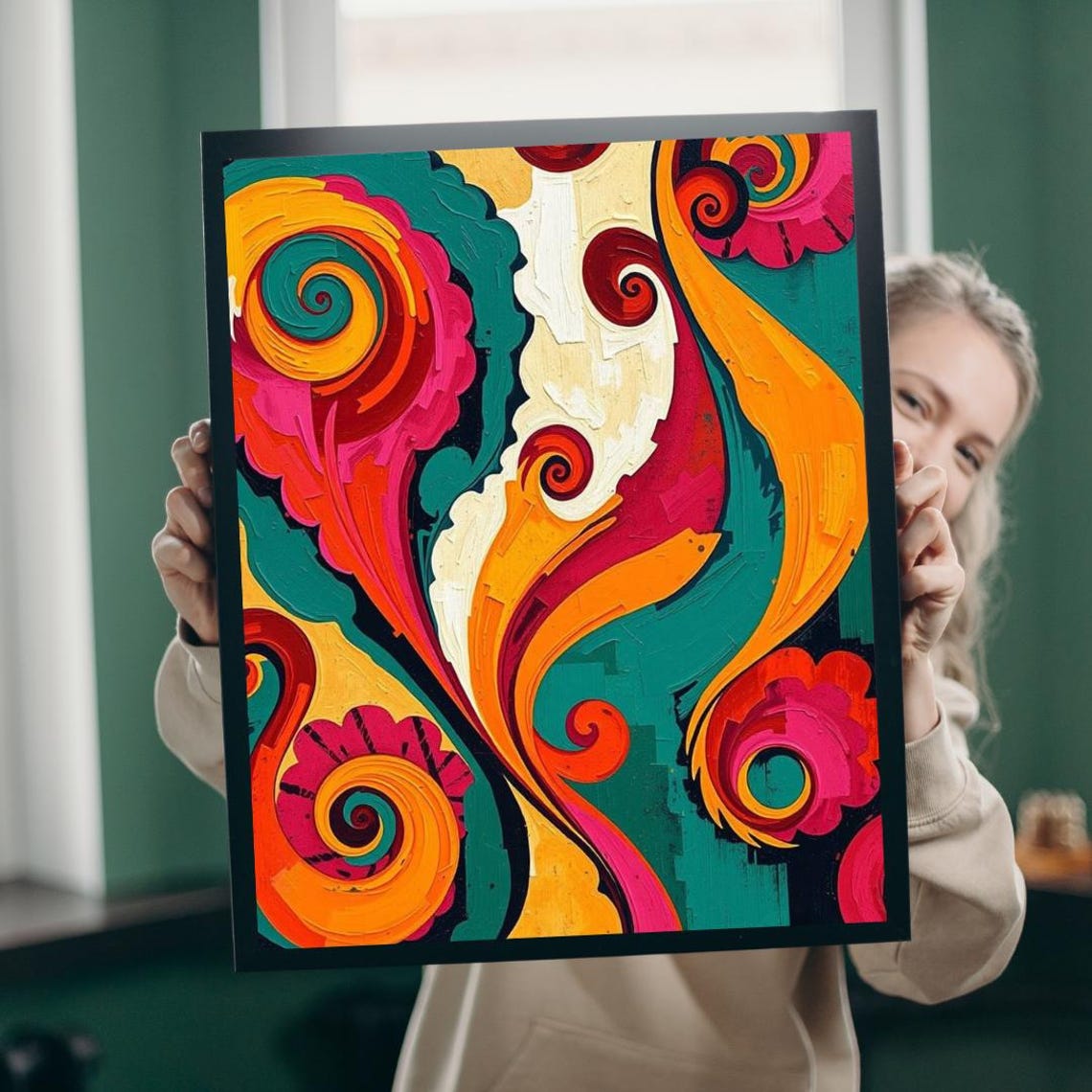 Colorful Paisley Swirls Teal Orange Magenta Bold Abstract Art Poster