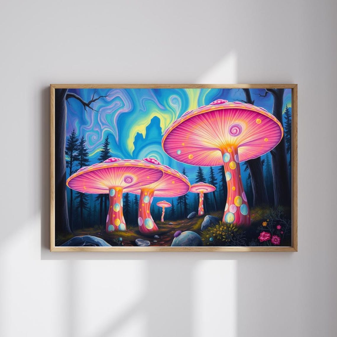 Glowing Magic Mushroom Poster Neon Pink Forest Night Fantasy Artwork