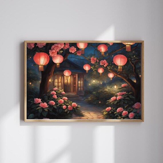 Camellia Flowers Red Paper Lanterns Night Garden Cottage Art Poster