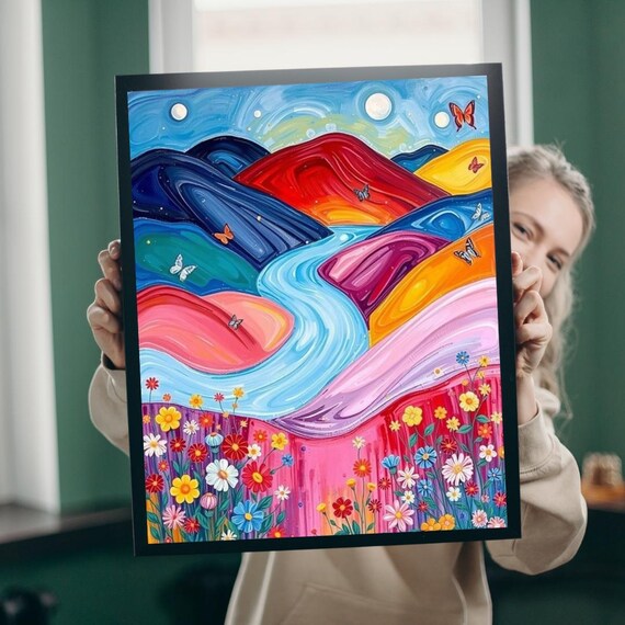 Candy Colored Hills With River Butterflies and Wildflowers Poster