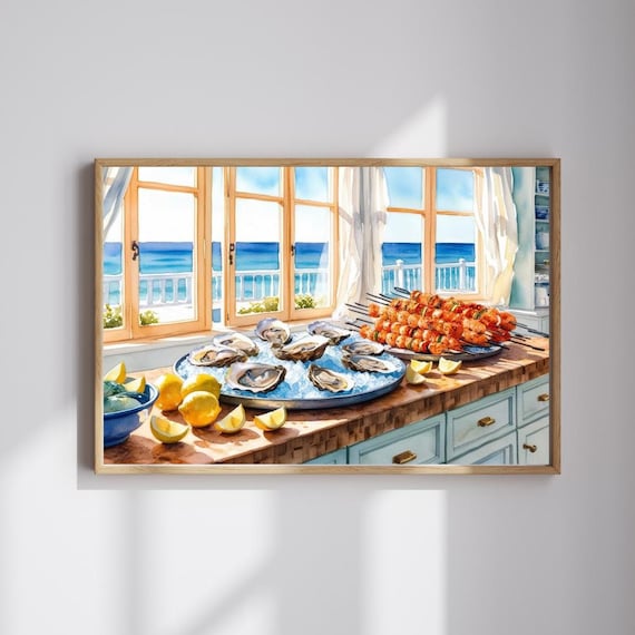 Coastal Seafood Watercolor Print Oysters Shrimp Skewers Ocean Kitchen Art