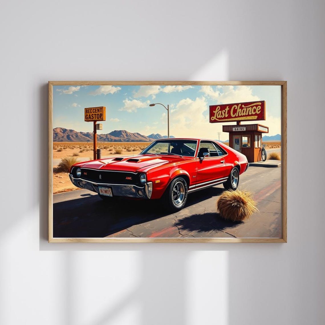 1969 AMC AMX Red Muscle Car Desert Gas Station Americana Art Poster