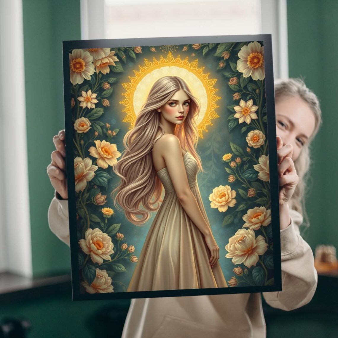 Blonde Woman Cream Blossom Soft Golden Halo Portrait Art Poster