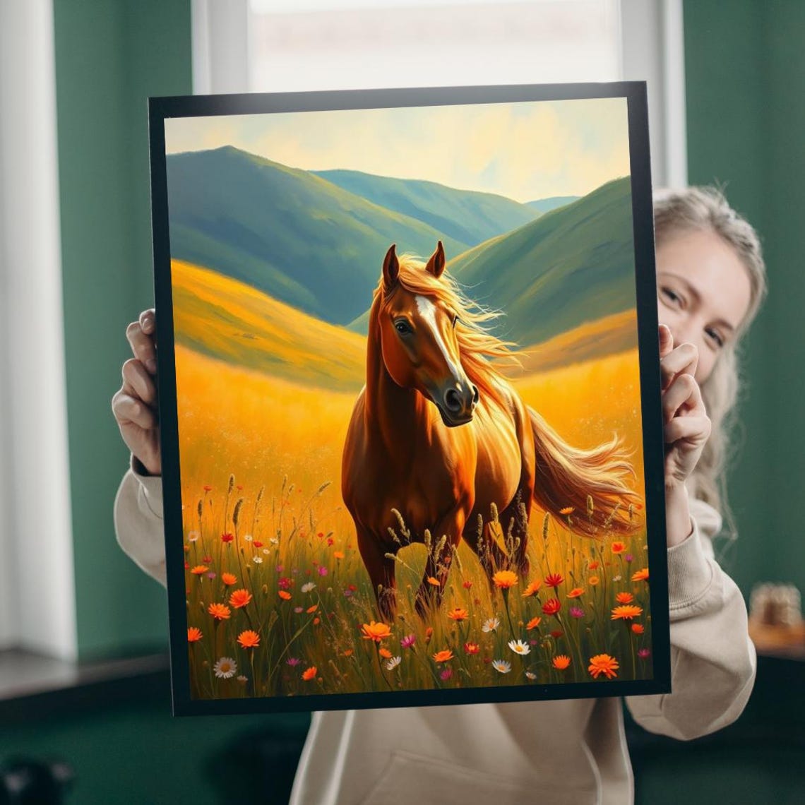 Chestnut Mare in Golden Wildflower Field at Sunset Horse Poster