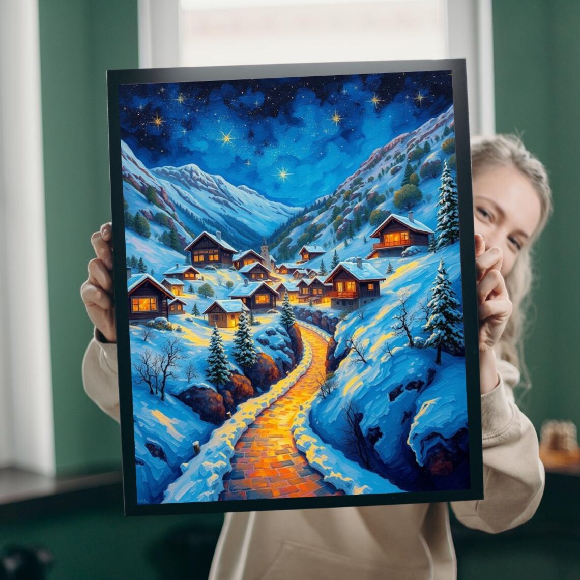 Snowy Village Cozy Winter Nights Poster Print