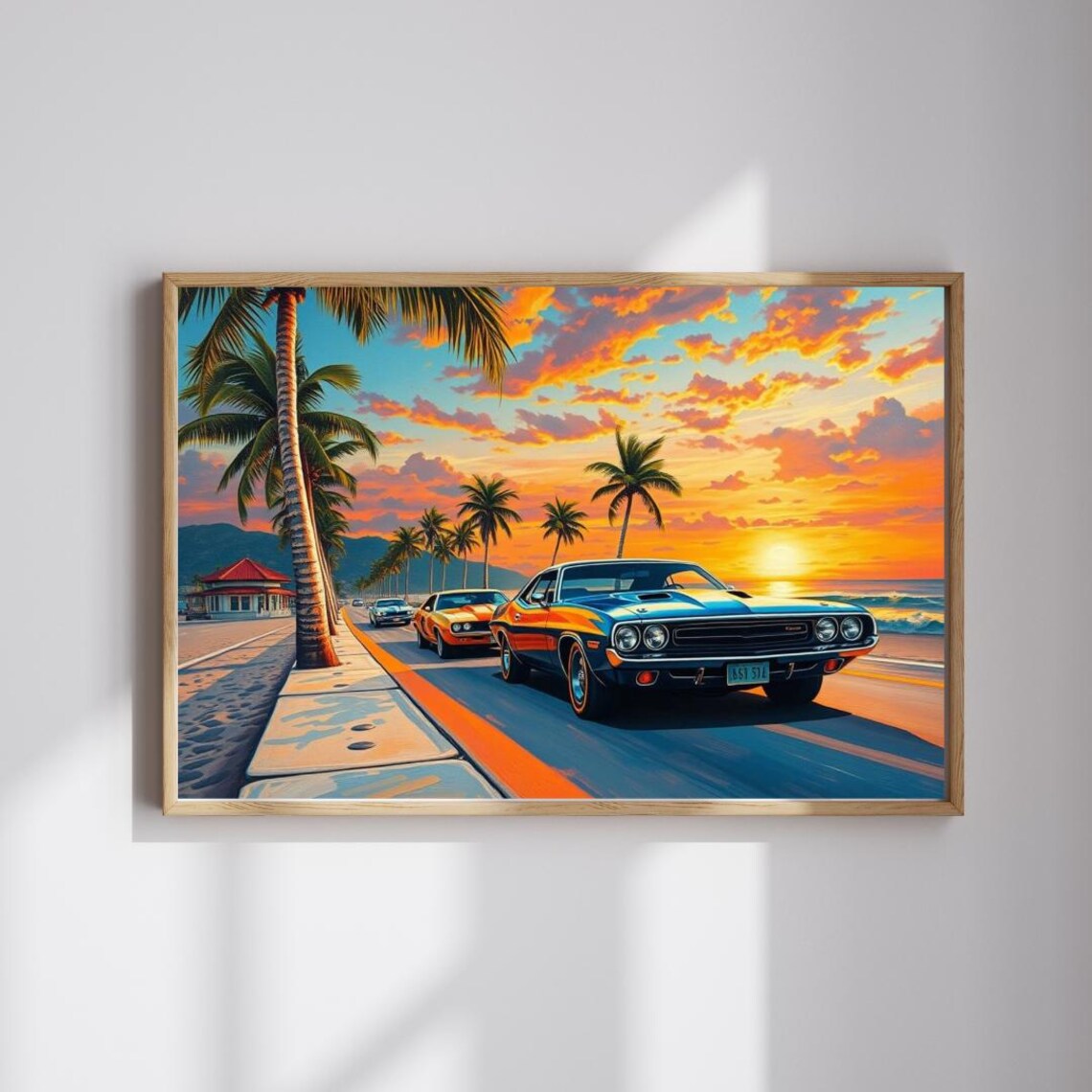 Vintage Muscle Cars Coastal Highway Sunset Palm Ocean Art Poster