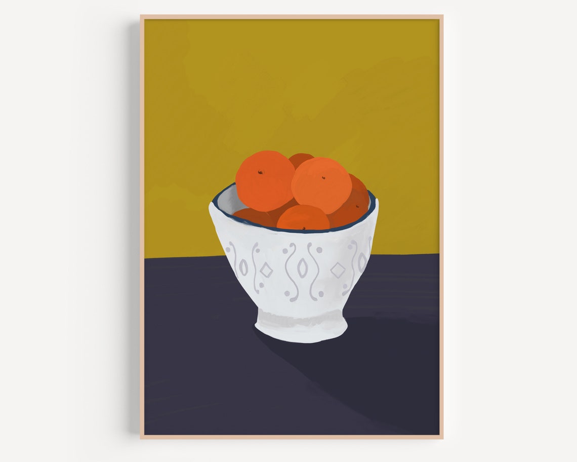 Orange Bowl Still Life Minimalist Olive Green Kitchen Poster