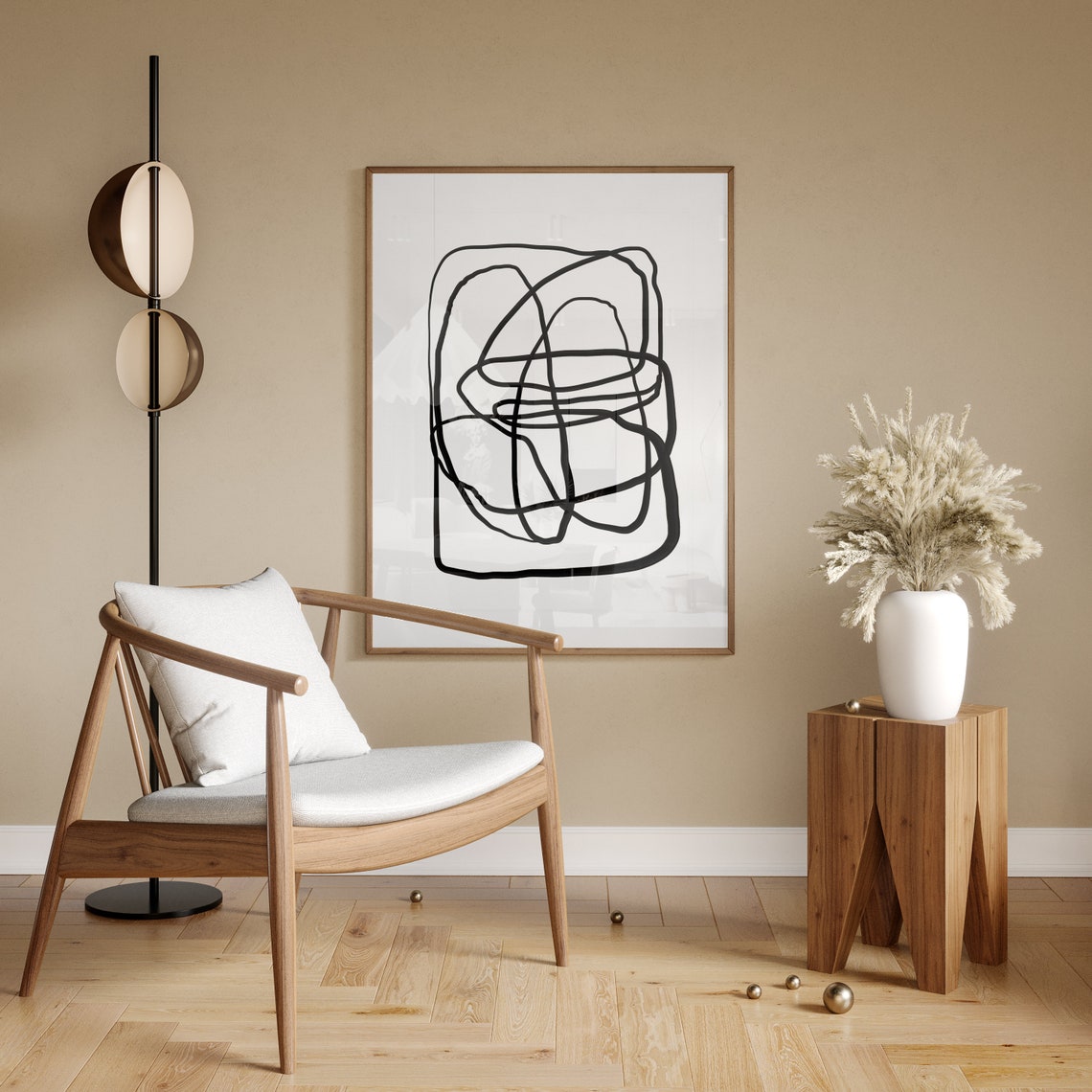 Black Continuous Line Squiggle Minimalist Beige Abstract Poster - Image 4