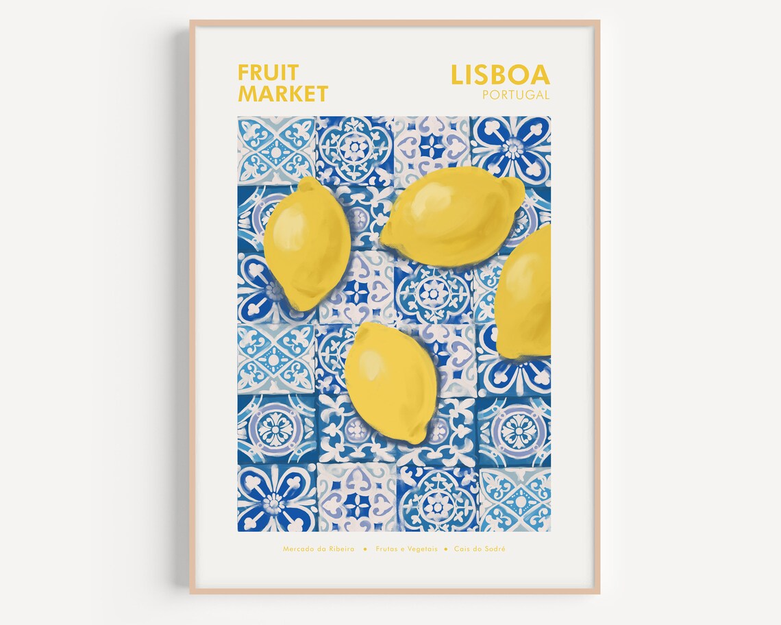 Lemon Print Kitchen Wall Art, Lisbon Travel Poster