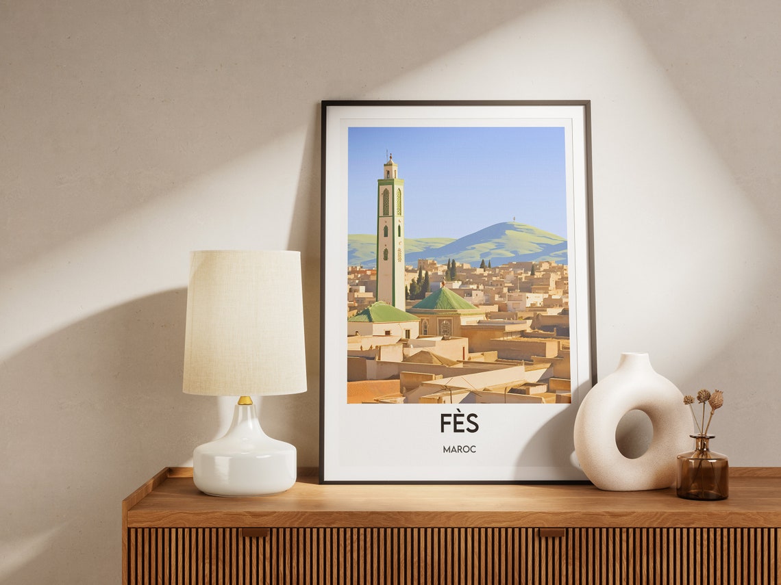 Fes Morocco Old Medina Green Dome Mosque Hills Travel Poster - Image 2
