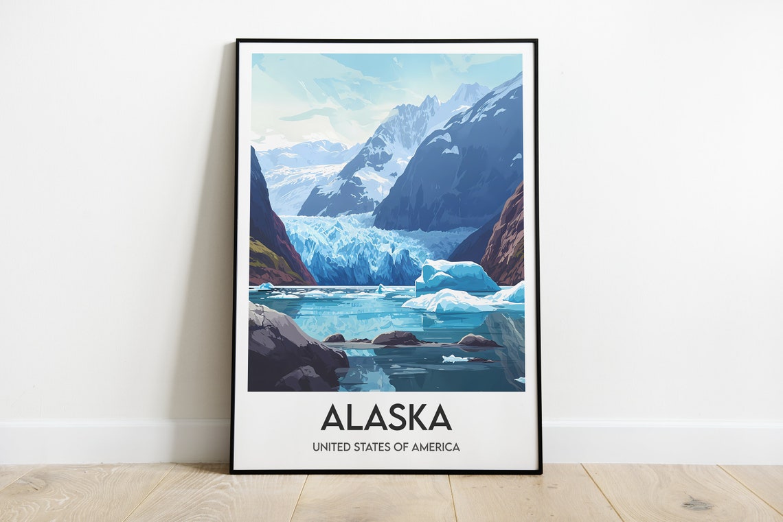 Alaska Glacier Bay Icebergs Mountain Scenic Vintage Travel Poster